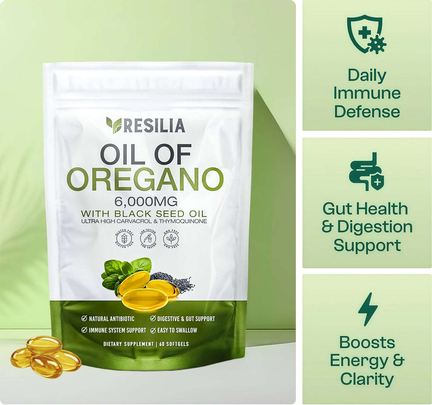 Resilia® Softgels with Black Seed Oil 6000mg – Organic Oregano Oil Capsules for Immune & Digestive Support